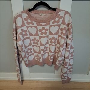 Debut Pink & White Heart and Flower Checkered Sweater – Size L